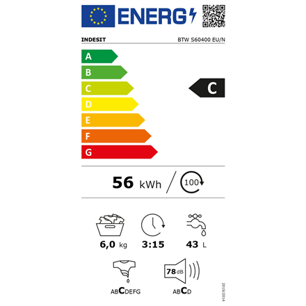 INDESIT Washing machine BTW S60400 EU/N Energy efficiency class C