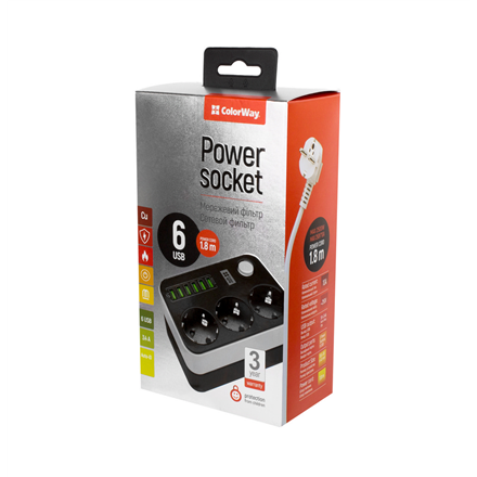ColorWay Power Socket :3 EU plugs/6USB Blac CW-CHE36B 1.8 m