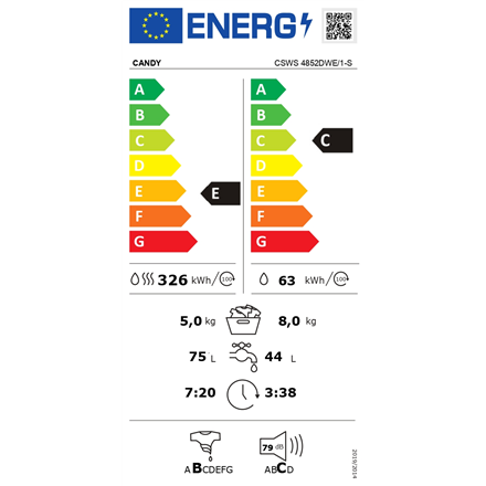 Candy Washing Machine with Dryer CSWS 4852DWE/1-S Energy efficiency class C