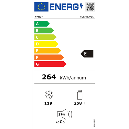 Candy | Refrigerator | CCE7T620EX | Energy efficiency class E | Free standing | Combi | Height 200 c