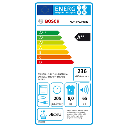 Bosch Dryer machine with heat pump WTH85VC8SN Energy efficiency class A++