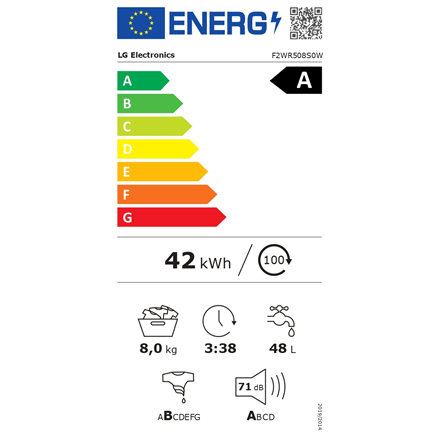 LG Washing Machine F2WR508S0W Energy efficiency class A-10% Front loading Washing capacity 8 kg 1200