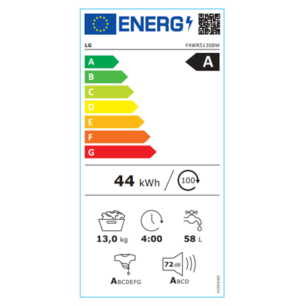 LG Washing Machine F4WR513SBW Energy efficiency class A-10% Front loading Washing capacity 13 kg 140