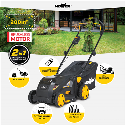 MoWox | 40V Comfort Series Cordless Lawnmower | EM 3440 PX-Li | Mowing Area 200 m² | 2500 mAh | Bat
