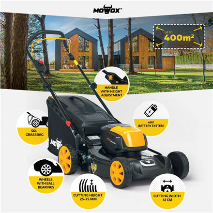 MoWox | 40V Comfort Series Cordless Lawnmower | EM 4140 PX-Li | Mowing Area 400 m² | 4000 mAh | Bat