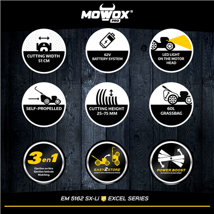 MoWox | 62V Excel Series Cordless Lawnmower | EM 5162 SX-Li | Mowing Area 900 m² | 4000 mAh | Batte