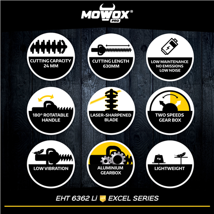 MoWox | 62V Excel Series Hand Held Battery Hedge Trimmer With Rotating Handle EHT 6362 Li Cordless