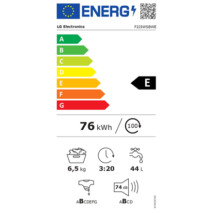 LG | Washing machine | F2J3WSBWE | Energy efficiency class E | Front loading | Washing capacity 6.5 