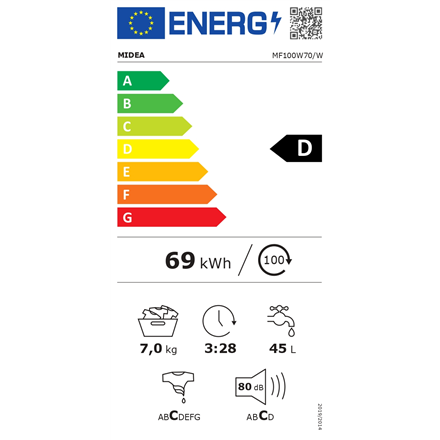Midea Washing Machine | MF100W70/W | Energy efficiency class D | Front loading | Washing capacity 7 