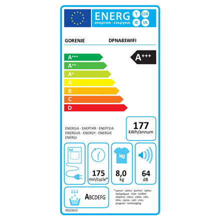 Gorenje Dryer Machine | DPNA83WIFI | Energy efficiency class A+++ | Front loading | 8 kg | LED | Dep