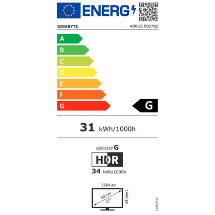 Gigabyte AORUS FO27Q2 | 27 " | OLED | QHD | 240 Hz | 0.03 ms | 2560 x 1440 pixels | 250 cd/m² | HDM