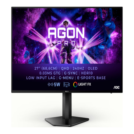 AG276QZD AGON PRO | 27 " | OLED | QHD | 16:9 | 240 Hz | 0.03 ms | 2560 x 1440 pixels | 1000 cd/m² |