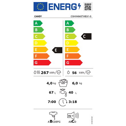Candy Washing Machine with Dryer | CSHW4645TWB3/1-S | Energy efficiency class C/E | Front loading | 