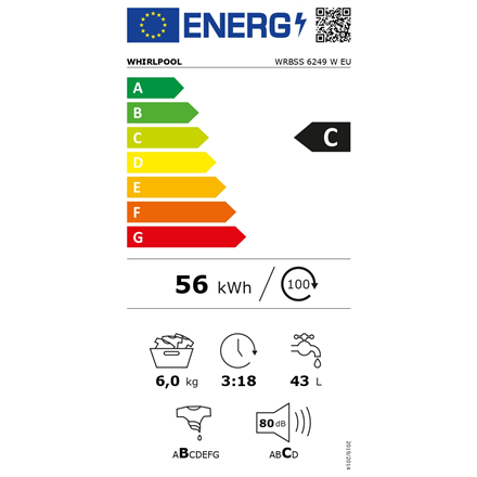 Whirlpool Washing machine | WRBSS 6249 W EU | Energy efficiency class C | Front loading | Washing ca