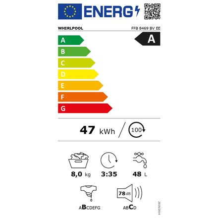 Whirlpool Washing Machine | FFB 8469 BV EE | Energy efficiency class A | Front loading | Washing cap