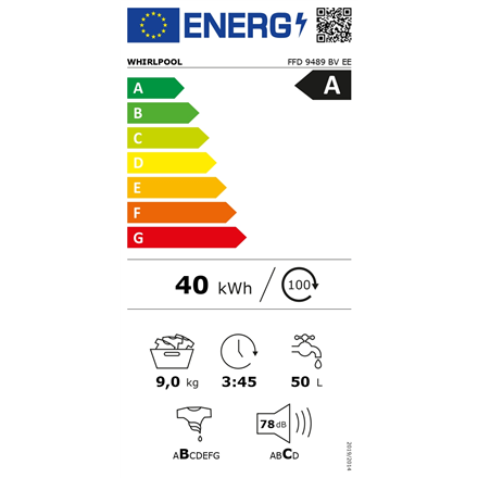 Whirlpool Washing machine | FFD 9489 BV EE | Energy efficiency class A | Front loading | Washing cap