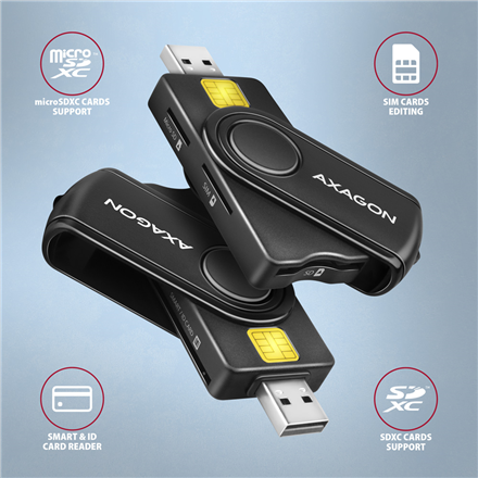 AXAGON Compact travel USB-A + USB-C contact Smart/ID card and SD/microSD/SIM card reader | CRE-SMP2A