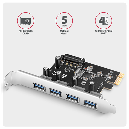 AXAGON PCI-Express card with four external USB-A 5Gbps ports | PCEU-430RS