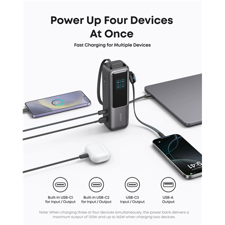 Anker Zolo Powerbank | A1695H11 | 25000 mAh | Built-In USB-C and Retractable Cable) | Grey