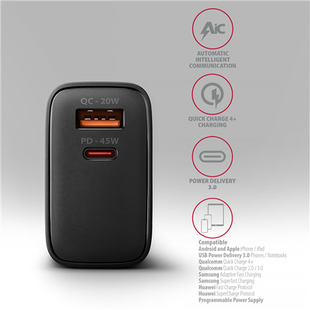 AXAGON GaN wallcharger 2x port (USB-A + USB-C)