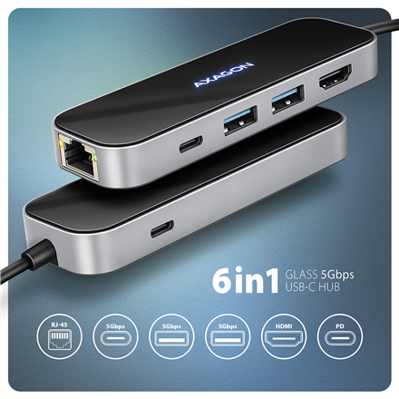 AXAGON USB-C 5Gbps GLASS 6in1 Hub | HMC-6GLN