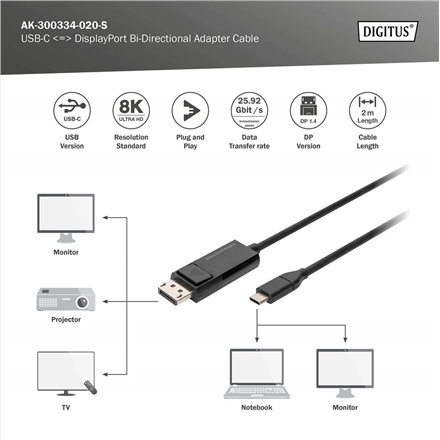 Digitus | Bi-Directional Adapter Cable 2 m | AK-300334-020-S | USB Type C to DisplayPort