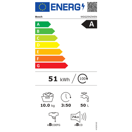 Bosch Washing Machine | WGG254ZWSN | Energy efficiency class A | Front loading | Washing capacity 10