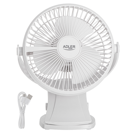 Adler Rechargeable Clip-on Desk Fan | AD 7342 | Table Fan | White | Diameter 15.5 cm | Number of spe