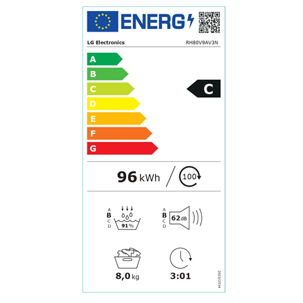 LG Dryer Machine | RH80V9AV3N | Energy efficiency class C | Front loading | 8 kg | LED | Depth 69 cm