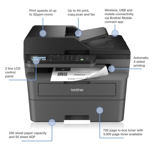 Brother MFC-L2800DW Spausdintuvas lazerinis nespalvotas  MFP A4 32 ppm Wi-Fi Ethernet LAN USB