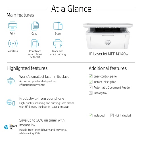 HP LaserJet M140w Printer Laser B/W MFP A4 20 ppm USB Wi-Fi Bluetooth