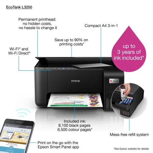 Epson EcoTank L3250 Spausdintuvas rašalinis MFP Spalvotas A4 33ppm Wi-Fi USB (SPEC)