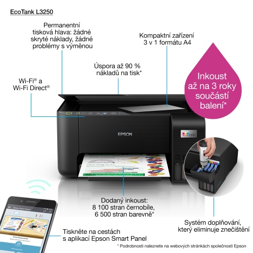 Epson EcoTank L3250 Spausdintuvas rašalinis MFP Spalvotas A4 33ppm Wi-Fi USB (SPEC)