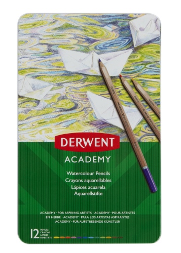 Akvarelinių pieštukų rinkinys Derwent Academy, 12 spalvų, metalinėje dėžutėje
