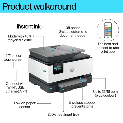HP OfficeJet Pro 9120e Spausdintuvas rašalinis spalvotas MFP A4 22 ppm USB Wi-Fi Ethernet LAN