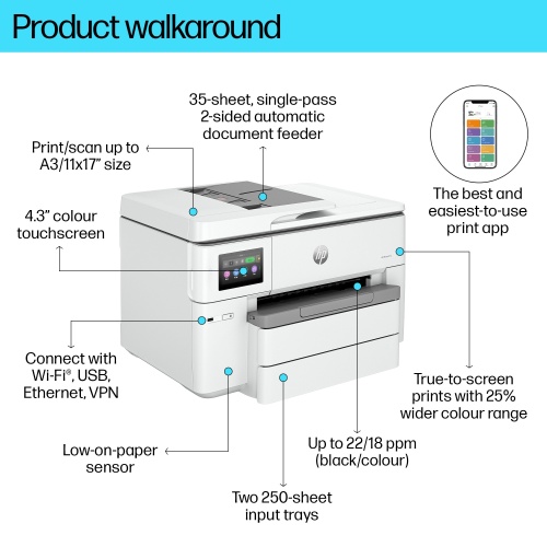 HP OfficeJet Pro 9730e Spausdintuvas rašalinis spalvotas MFP A3 22 ppm USB Wi-Fi Ethernet LAN