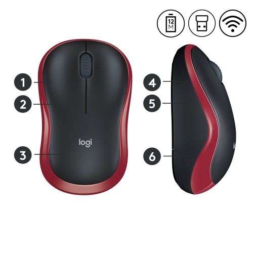 Logitech M185 Belaidė pelė, RF Wireless, 1000 DPI, Juoda/Raudona