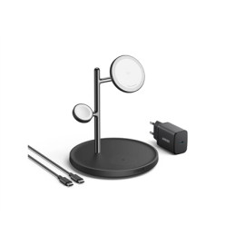 Anker MagGo Wireless Charging Station (15W, 3-in-1 Stand) with cable and charger bundle B25M3312