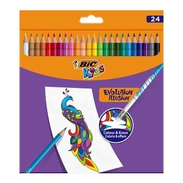 BIC Spalvoti pieštukai su trintuku Kids Evolution Illusion 24 spalvų rinkinys