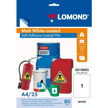 Lipni poliesterio plėvelė Lomond PET Laserjet Film Self Adhesive White-coated Matinė A4, 25 lapai