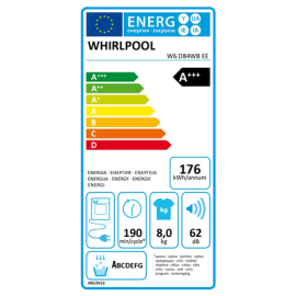 Whirlpool Dryer Machine with Heat Pump | W6 D84WB EE | Energy efficiency class A+++ | Front loading 