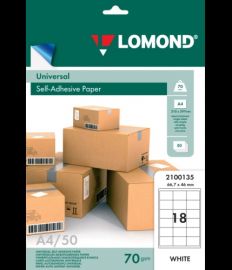 Lipnus popierius lipdukams Lomond Self-Adhesive Universal Labels, 18/66,7x46, A4, 50 lapų, Balta