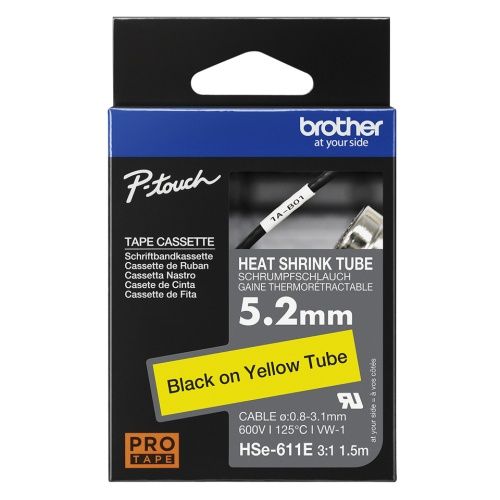 Brother HSe-611E (HSe611E) Heat Shrink Tube Ženklinimo juostelė, Black on Yellow, 5.2mm 1.5m – 3