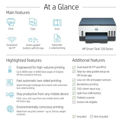HP Smart Tank 720 AiO Spausdintuvas rašalinis spalvotas MFP A4 15 ppm USB Wi-Fi – 6