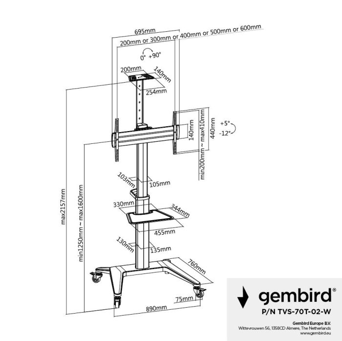TV SET ACC FLOOR STAND 37-70"/WHITE TVS-70T-02-W GEMBIRD – 10