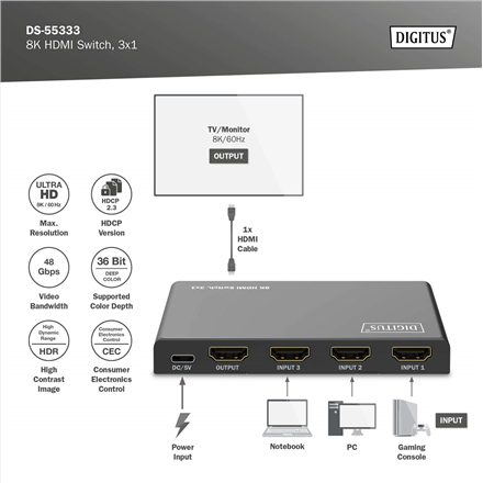 Digitus 8K HDMI Switch, 3x1 DS-55333 – 5
