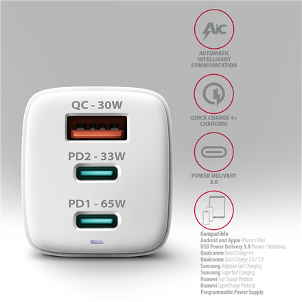 AXAGON GaN wallcharger 3x port (USB-A + 2x USB-C), PD3.0 ACU-DPQ65W – 5