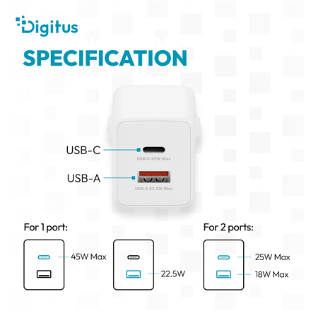 Digitus USB GaN Charger 45W, 1x USB-C, 1x USB-A DA-10302 – 4