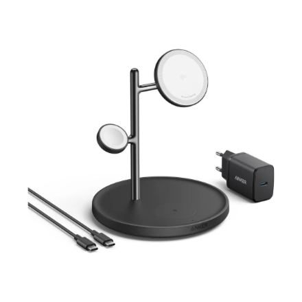 Anker MagGo Wireless Charging Station (15W, 3-in-1 Stand) with cable and