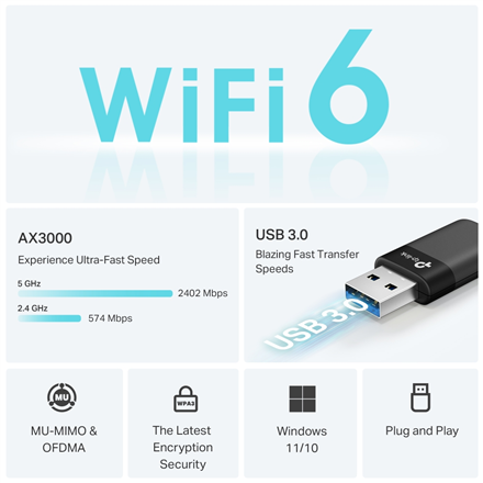 TP-LINK AX3000 Dual Band Wi-Fi 6 Wireless USB Adapter Archer TX50U 2.4 GHz, 5 – 4
